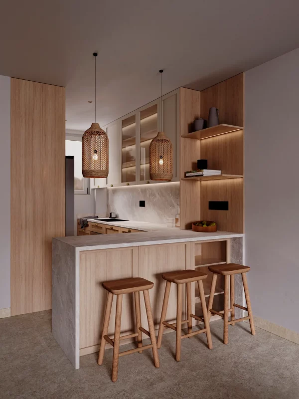 cocina en roble claro con península integrada