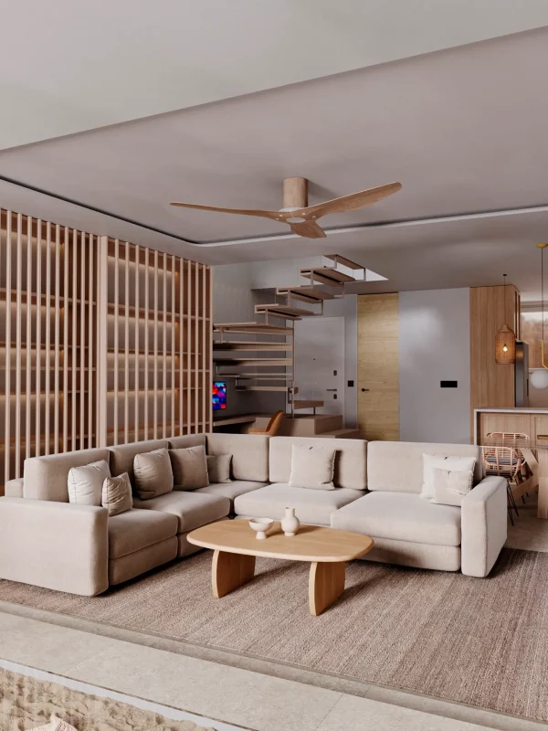 salón a doble altura con comedor y cocina